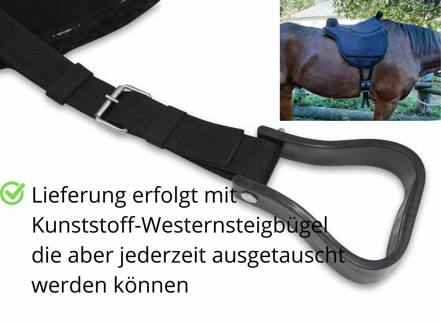 Schwarze Steigbügelriemen mit Kunststoff-Westernsteigbügeln. Text: Lieferung mit Westernsteigbügeln, austauschbar.