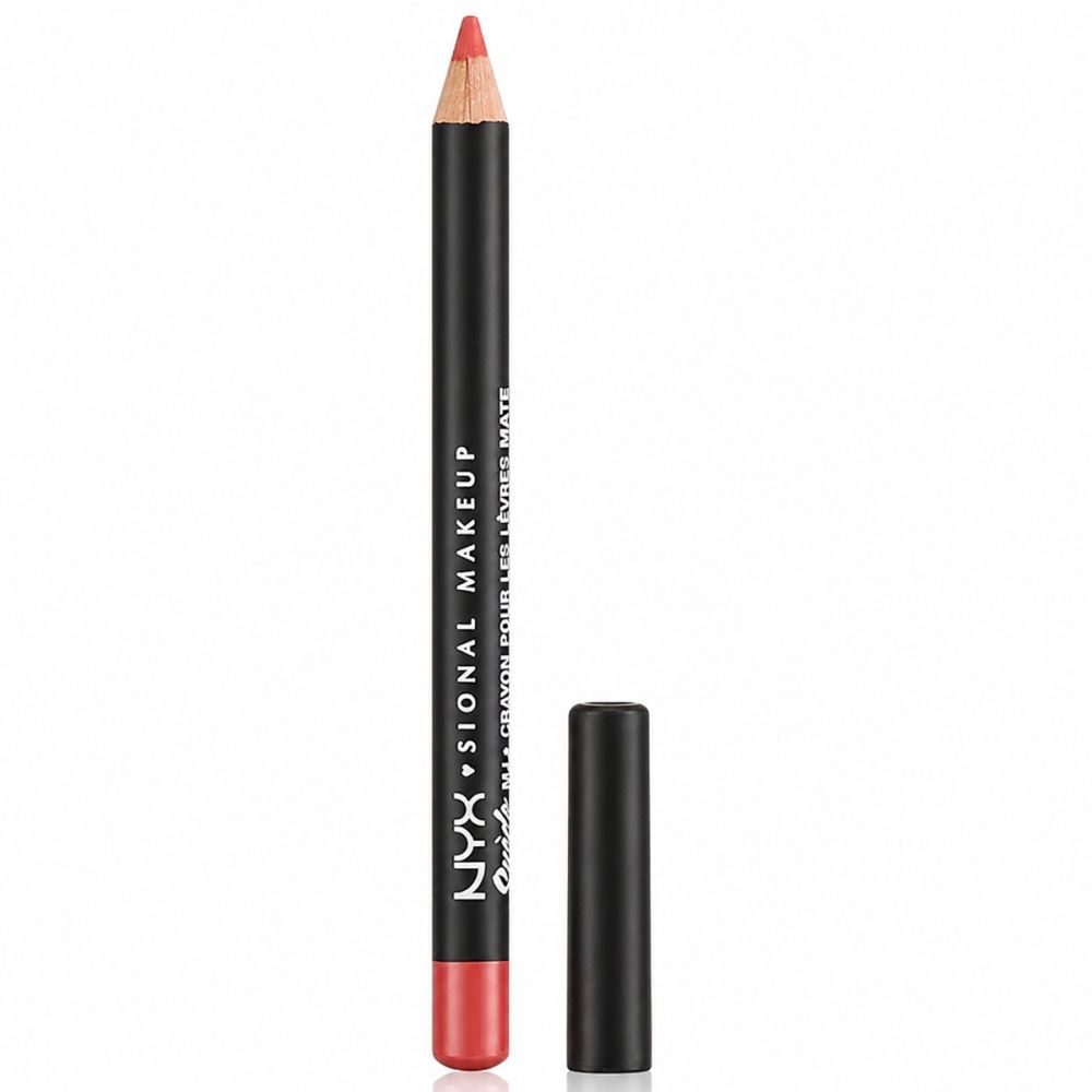 NYX Matt Lipliner in Koralle, mit abgenommener Kappe. Schwarzer Stift mit silberner Schrift.
