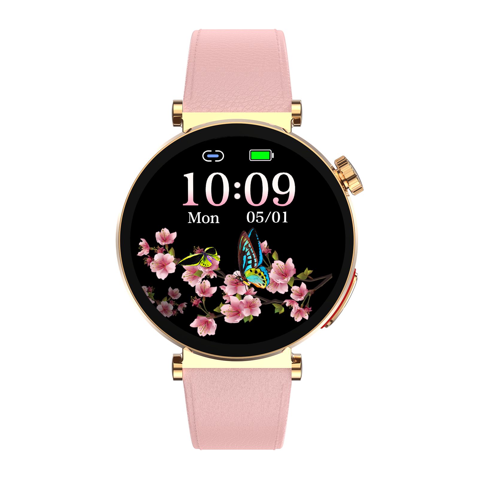 Runde Smartwatch mit rosa Lederarmband. Zifferblatt mit Blumen, Schmetterling und Uhrzeit. Goldfarbenes Gehäuse.