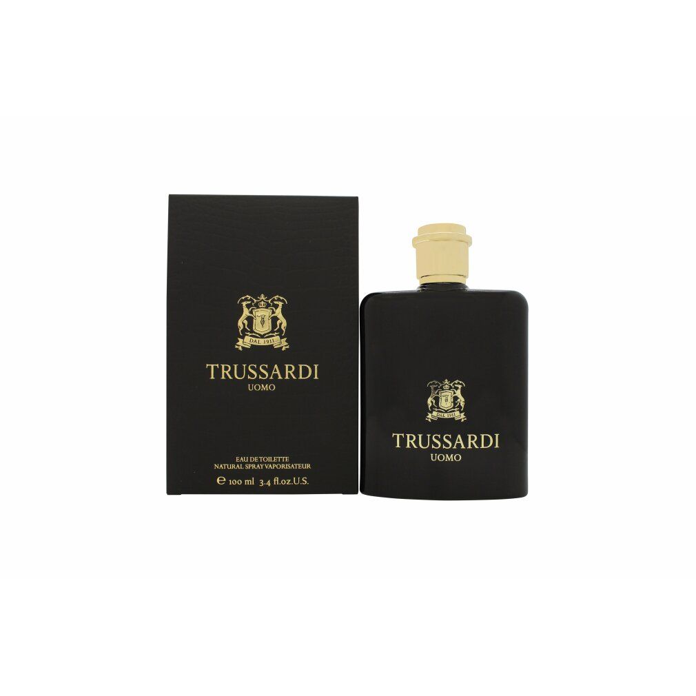 Trussardi Uomo Eau de Toilette Spray in schwarzer Flasche mit goldener Kappe und Schachtel.