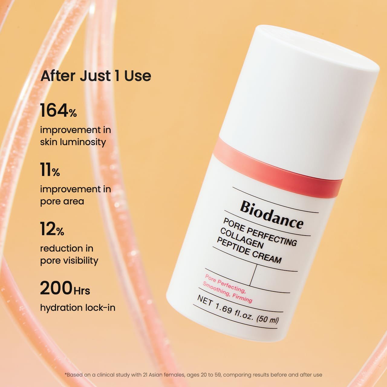 Weißer Tiegel mit rosa Akzenten. Aufschrift: Biodance Pore Perfecting Collagen Peptide Cream. Diagramm mit Prozentangaben.