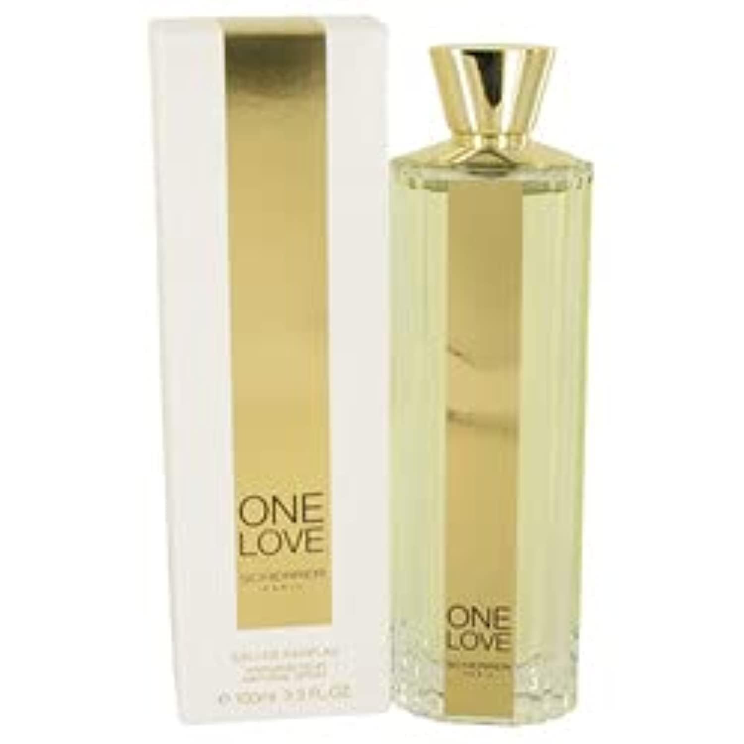 Parfümflakon mit Verpackung. Auf der Verpackung steht "ONE LOVE". Der Flakon hat einen goldenen Verschluss.