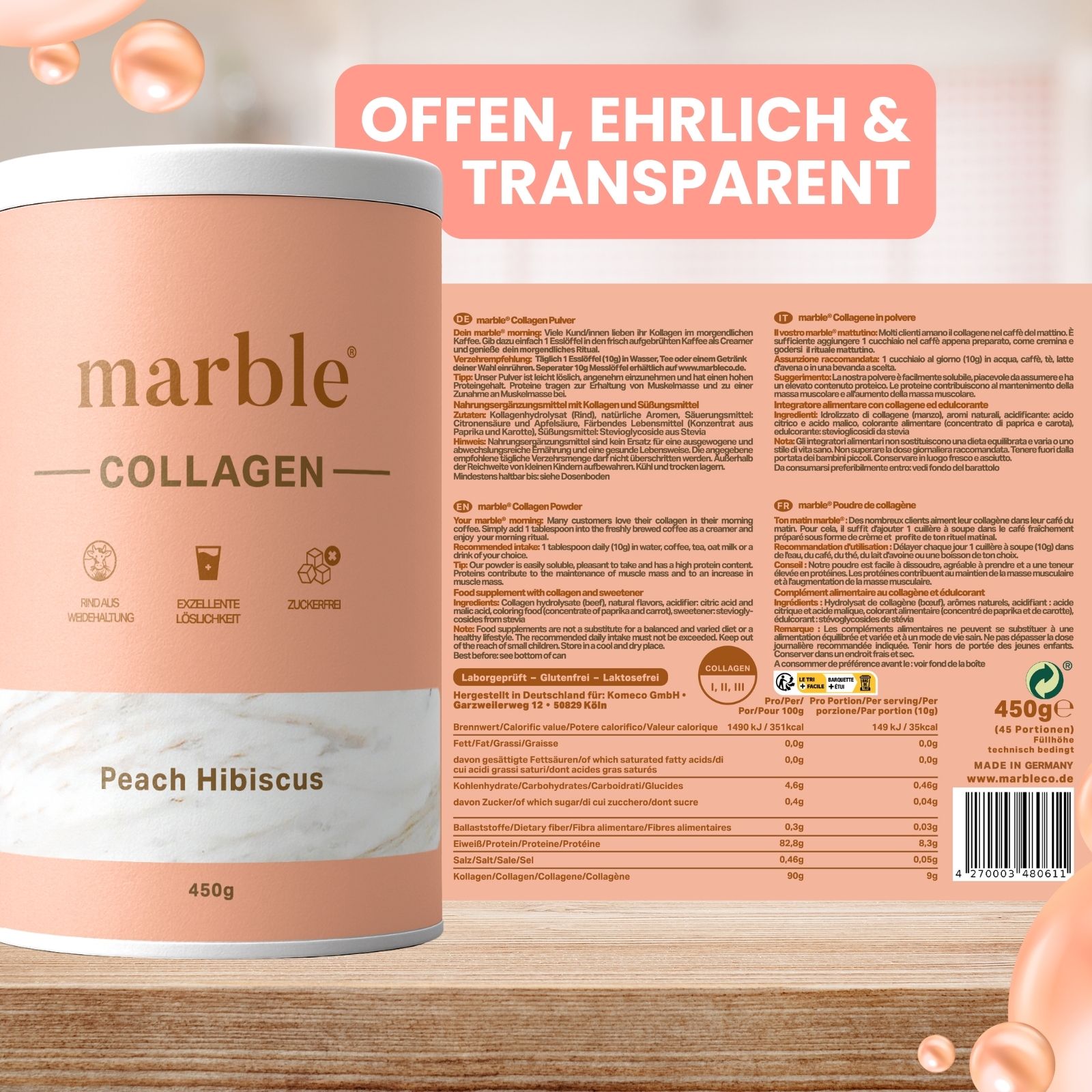 Dose marble® Collagen Pulver Peach Hibiscus. Offen, ehrlich & transparent. Produktinformationen auf der Rückseite.