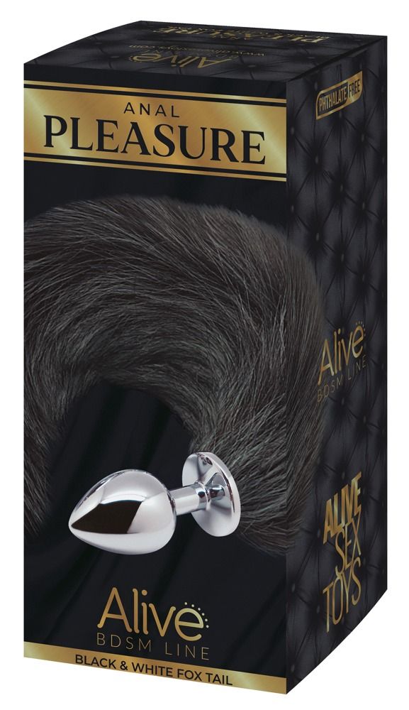 Verpackung mit Analplug und Fuchsschwanz. Aufschrift: ANAL PLEASURE, Alive BDSM LINE, Black & White Fox Tail.