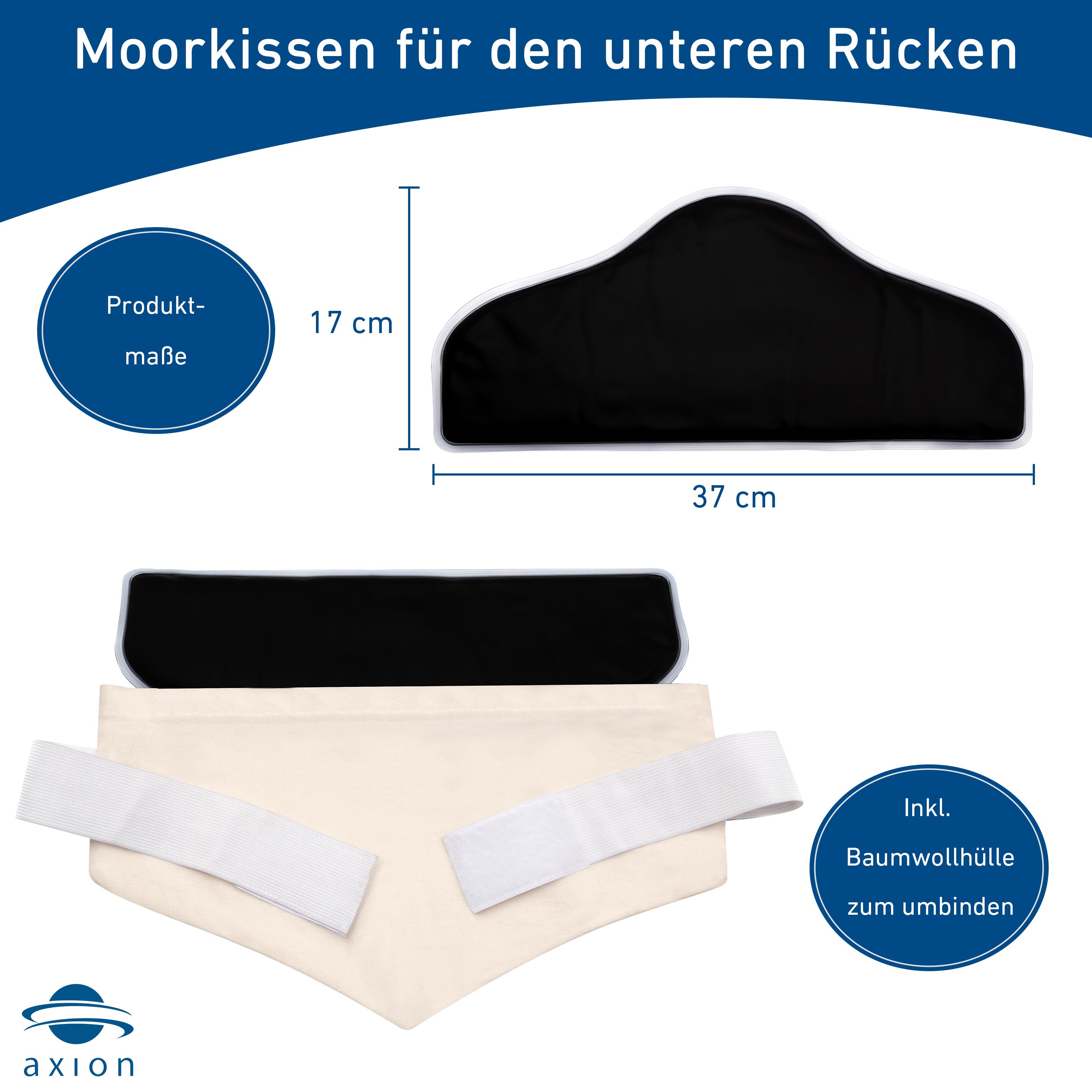 Schwarzes Moor-Wärmekissen, Baumwollhülle, Klettbänder. Maße: 37x17cm. axion® Logo.