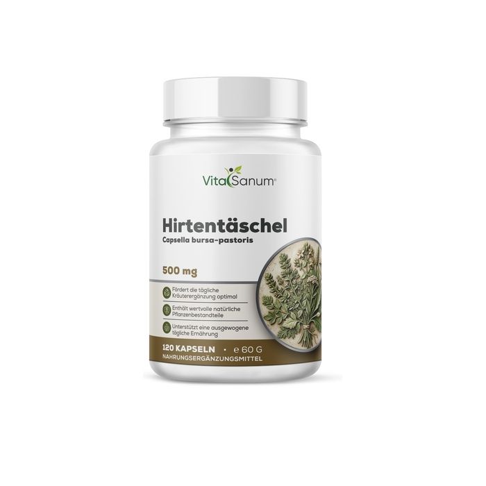 VitaSanum Hirtentäschel Kapseln: Weißer Behälter mit Etikett, das eine Pflanze und 500 mg zeigt.