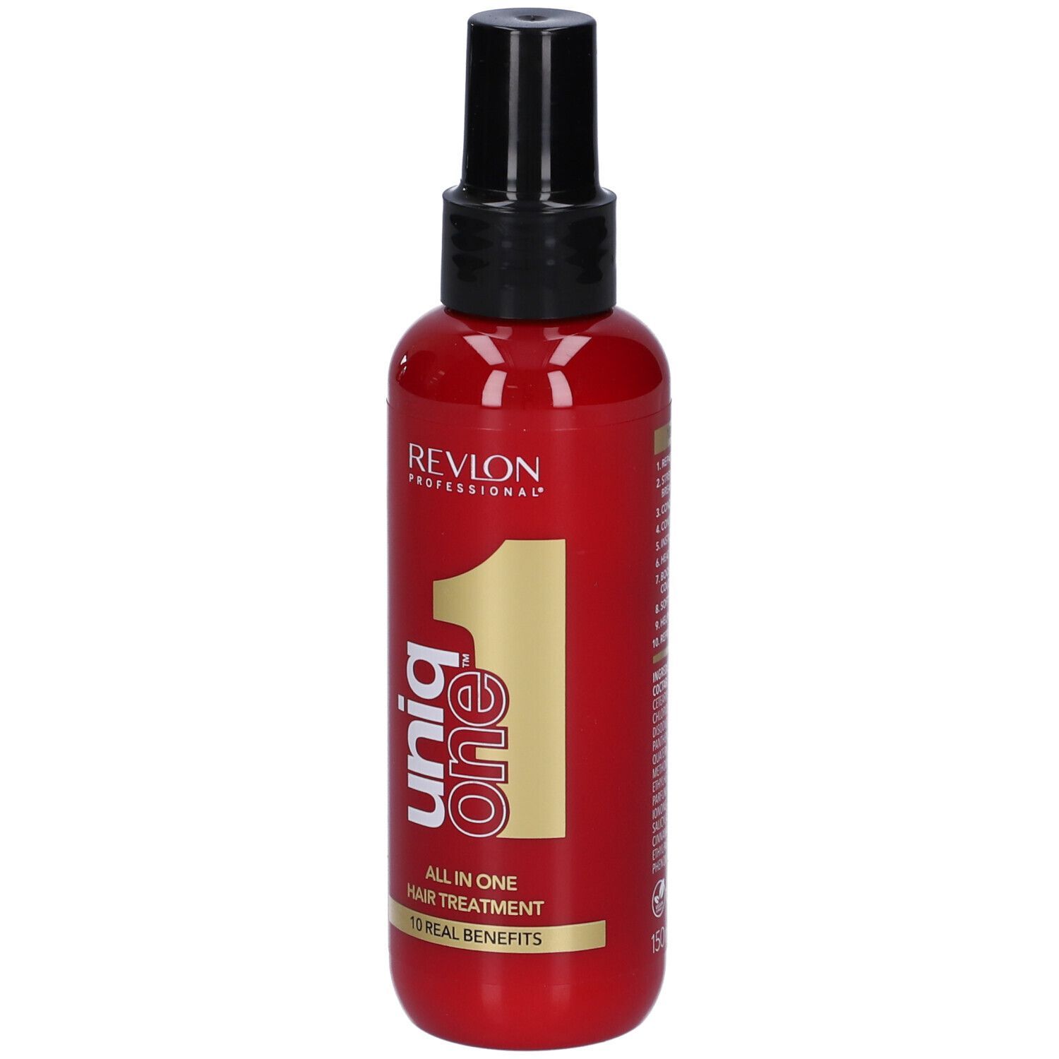 Rote Flasche mit schwarzem Sprühkopf. Aufschrift: Uniq One, All in One Hair Treatment. Goldene Nummer 1.