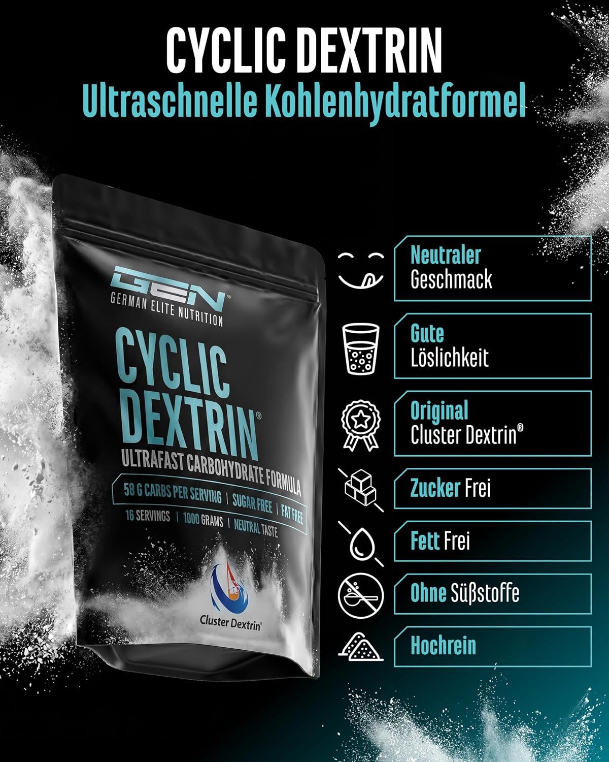 GEN Cyclic Dextrin Beutel mit Infografiken zu neutralem Geschmack, guter Löslichkeit und Zuckerfrei.