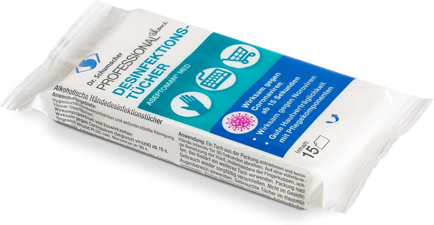 Verpackung von Desinfektionstüchern. Aufschrift: Dr. Schumacher, Professional Desinfektionstücher. Enthält 15 Tücher.