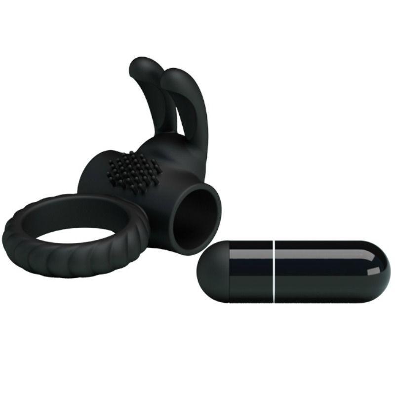 Schwarzer Penisring mit geriffelter Basis und einem separaten, länglichen Vibrator. Ring mit Noppen.