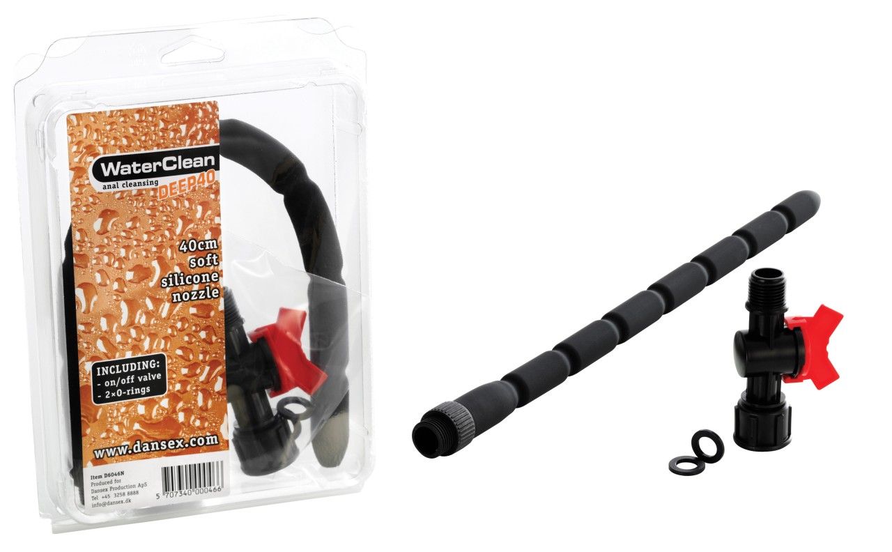Analduschkopf aus Silikon, 40cm Schlauch, Absperrventil, 2 O-Ringe und Verpackung.