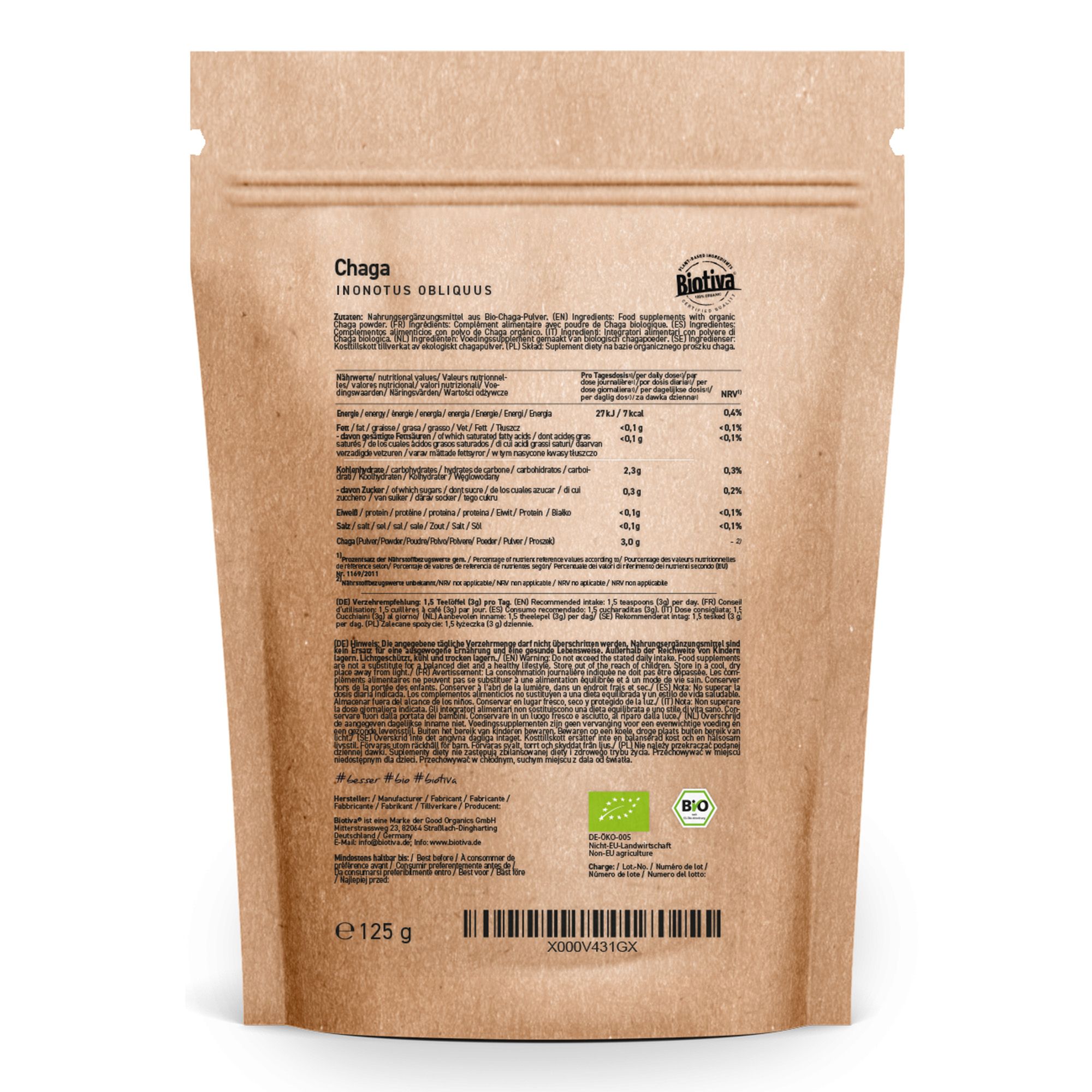 Rückseite einer braunen Papiertüte mit Produktinformationen und Bio-Zertifizierung. Text in Deutsch.