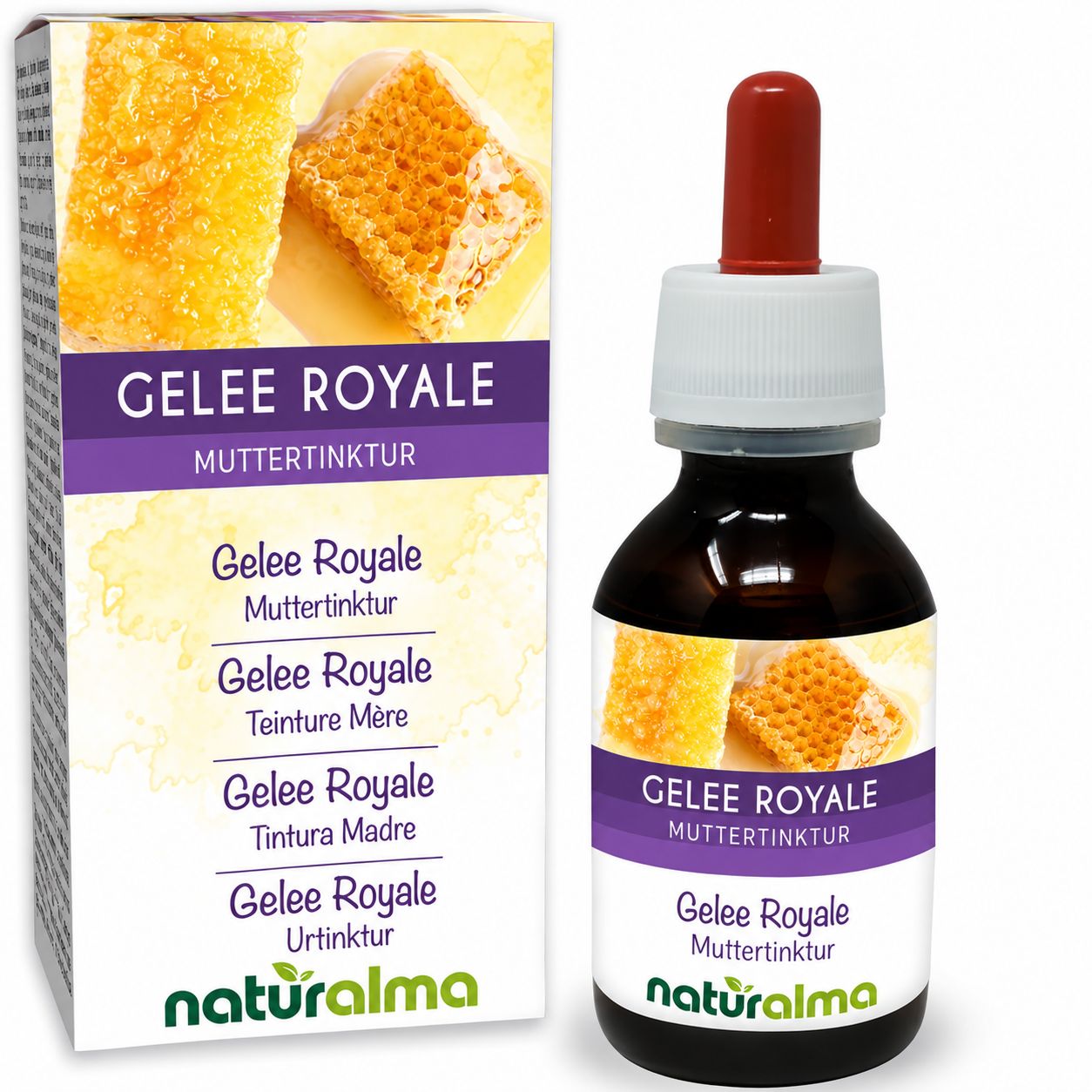 Gelee Royale Muttermilch Tinktur in Braunglasflasche mit Pipette und Faltschachtel.