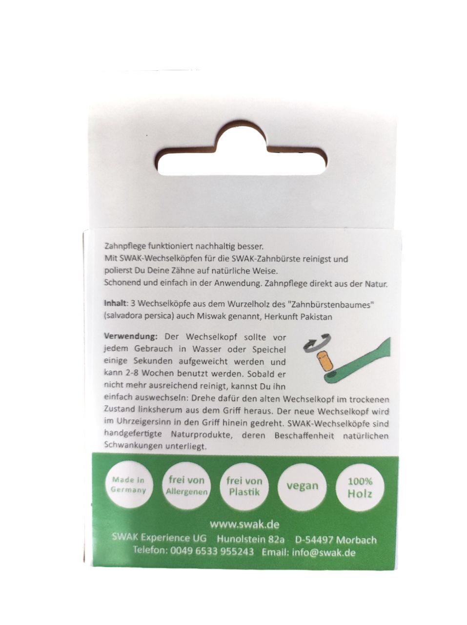 Rückseite der Verpackung. Text: Zahnpflege funktioniert nachhaltig besser. Logos: Made in Germany, allergenfrei, plastikfrei, vegan, 100% Holz.