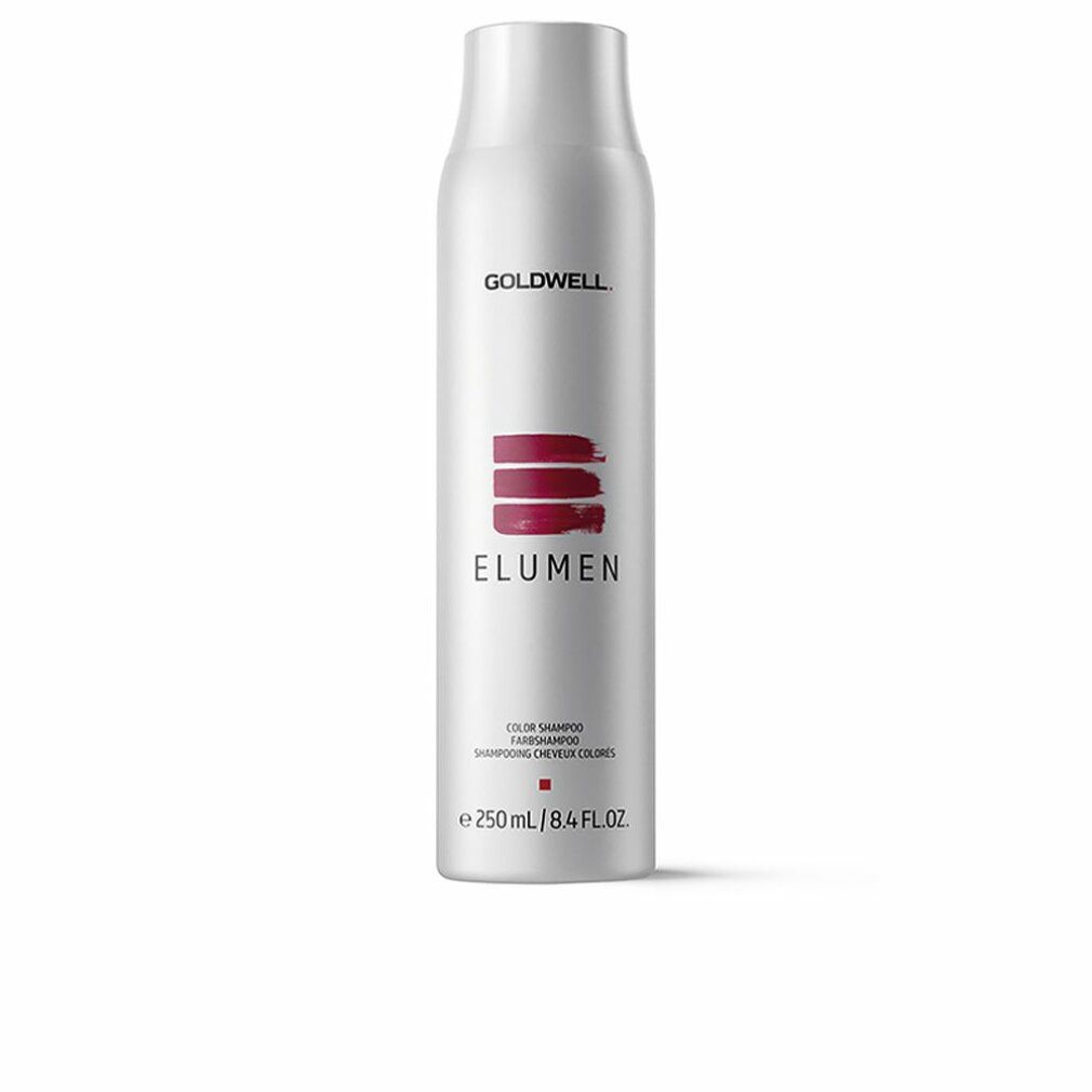 Flasche mit weißem Shampoo. Aufschrift: Goldwell, Elumen. Rote horizontale Streifen. Text: Color Shampoo, 250 ml.