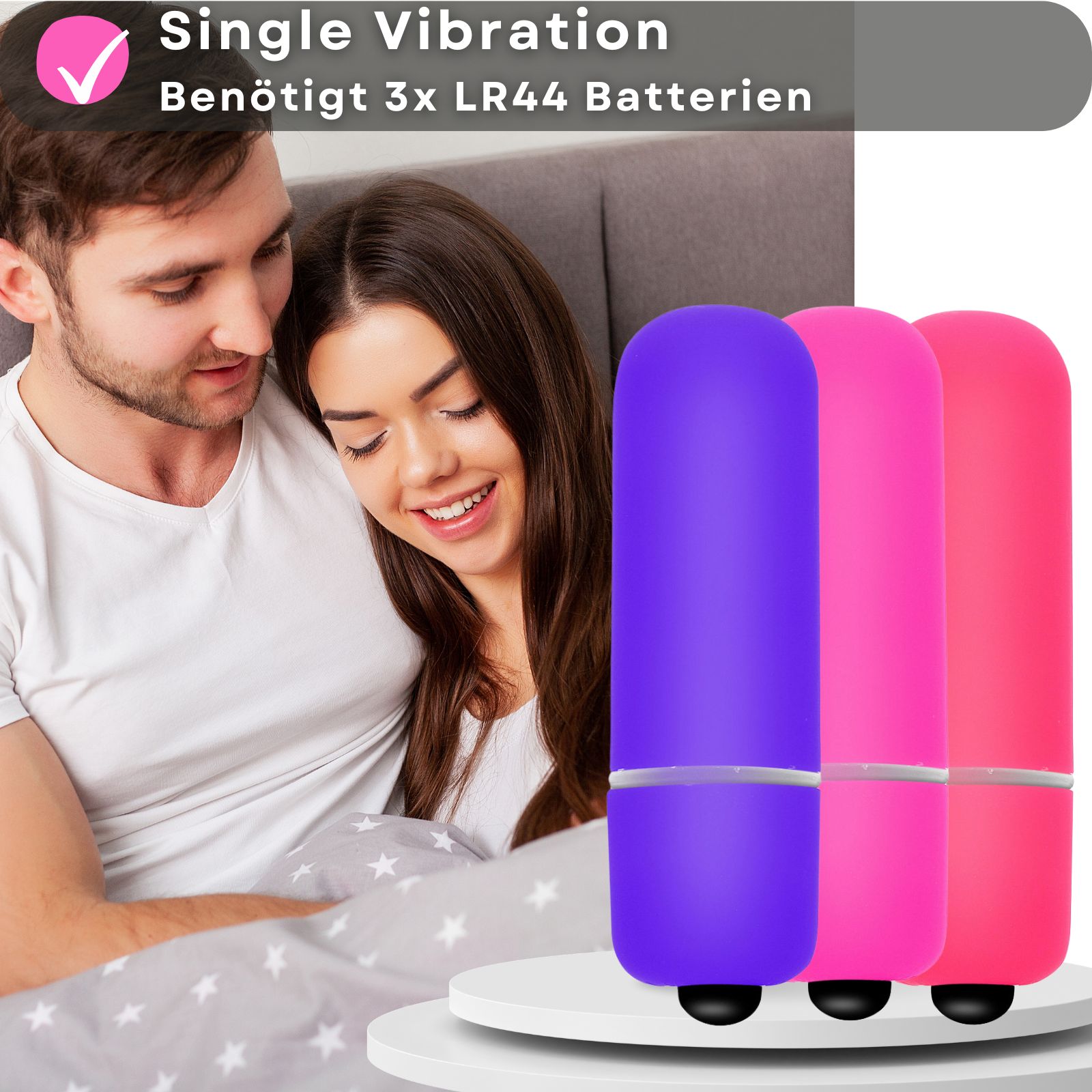 Produktabbildung mit Text. Einzigartige Vibration. Benötigt 3 LR44 Batterien.