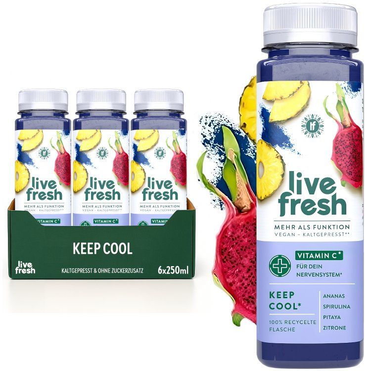 Foto: LiveFresh Keep Cool. 6 Flaschen in Packung, 1 Flasche einzeln. Text: Vitamin C, Ananas, Spirulina, Pitaya, Zitrone.