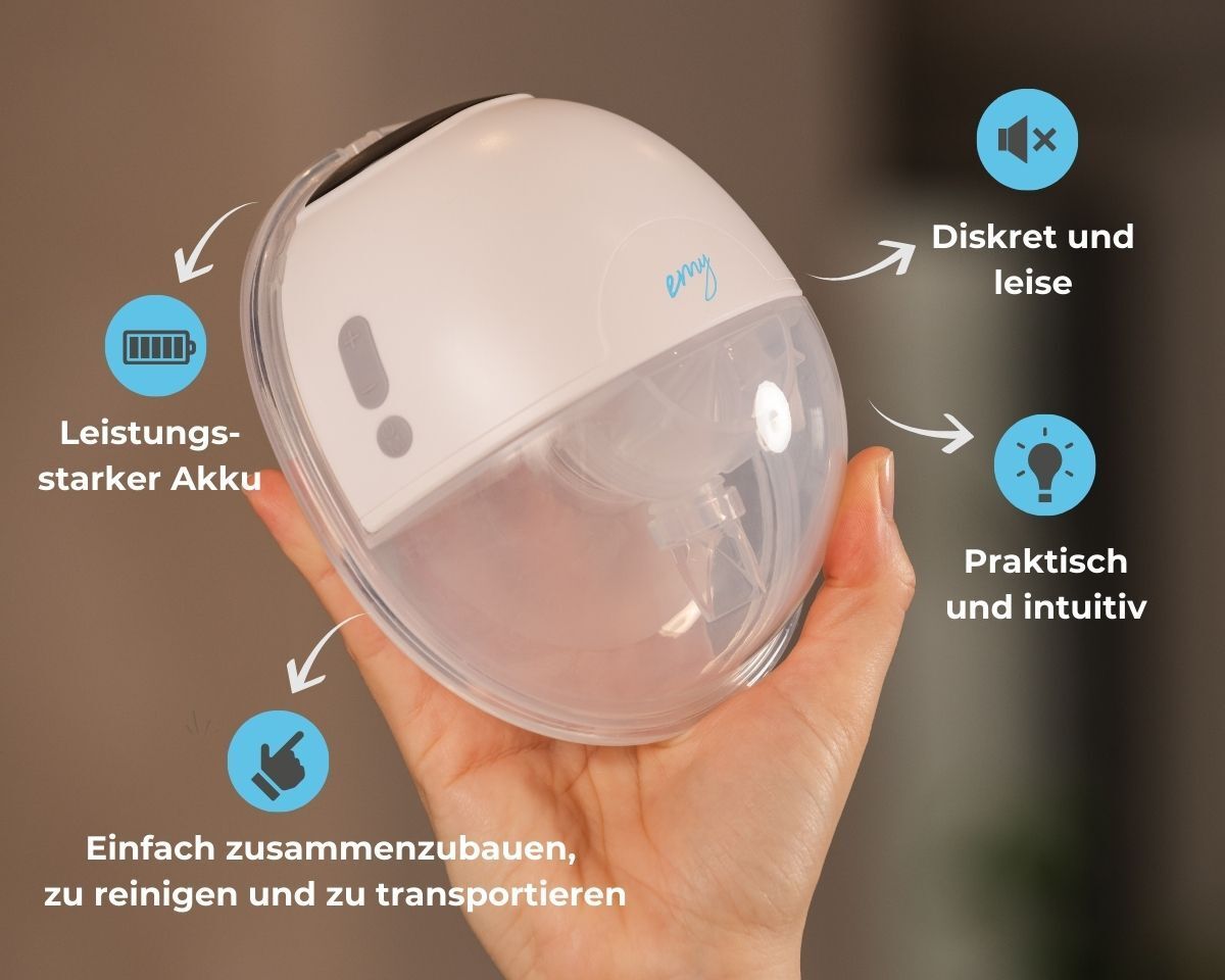 Hand hält elektrische Milchpumpe. Merkmale: Leistungsstarker Akku, diskret und leise, einfach zu reinigen, praktisch und intuitiv.