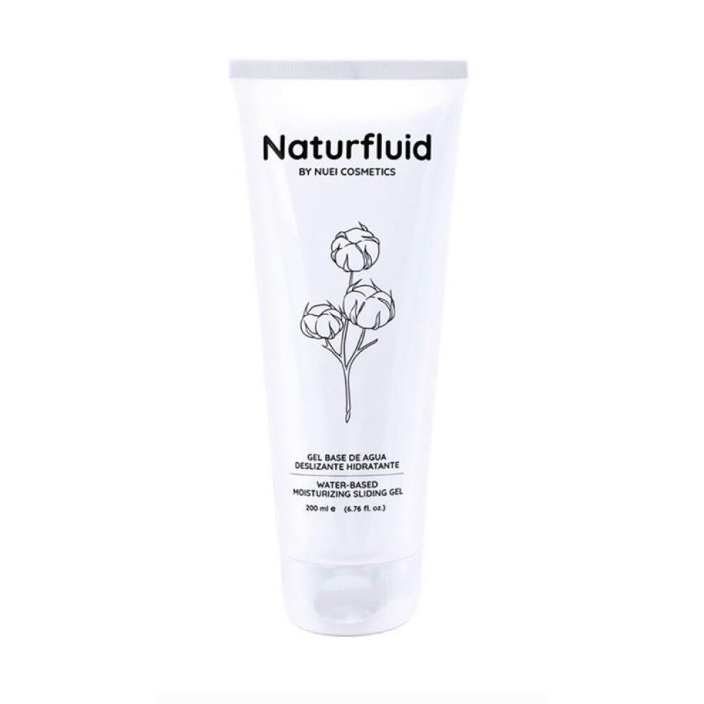 Weiße Tube mit Naturfluid Gleitgel, Baumwollmotiv und Textangaben.