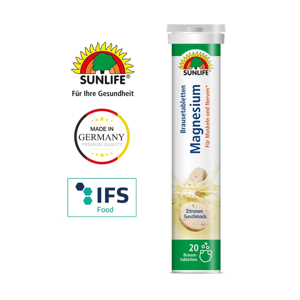 Sunlife Logo und Schriftzug, daneben Tube Sunlife Magnesium Brausetabletten. Zusätzliche Logos: Made in Germany, IFS Food.