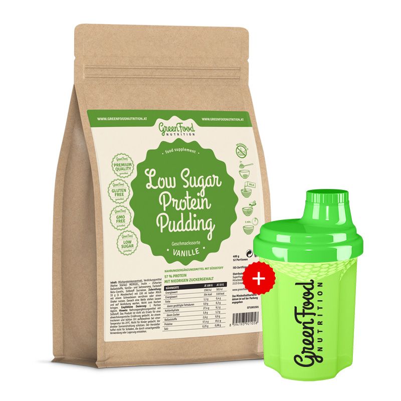 Beutel mit Protein Pudding und Shaker. Aufschrift: GreenFood Nutrition, Low Sugar Protein Pudding, Vanille. Shaker grün.