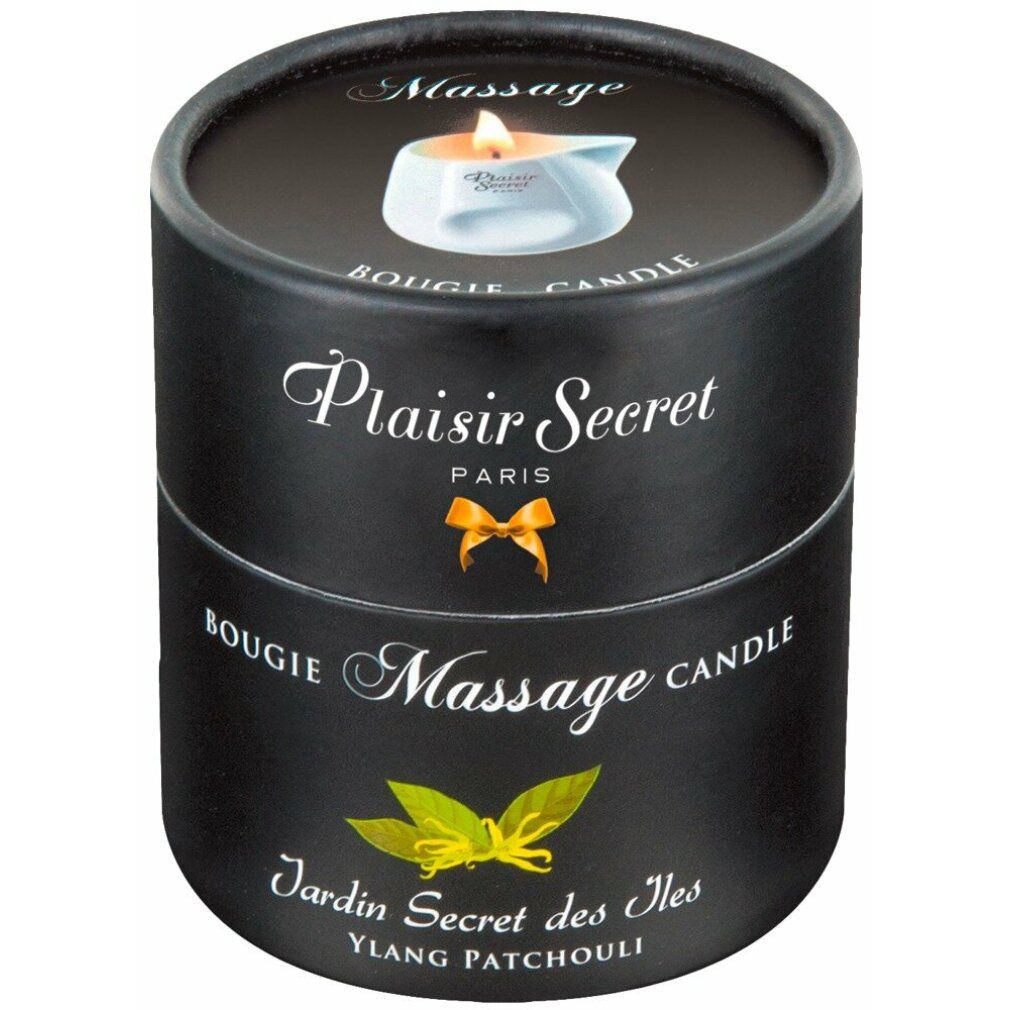 Schwarze zylindrische Verpackung mit Produktnamen und Aufschrift "Massage Candle". Oben eine Abbildung der Kerze.