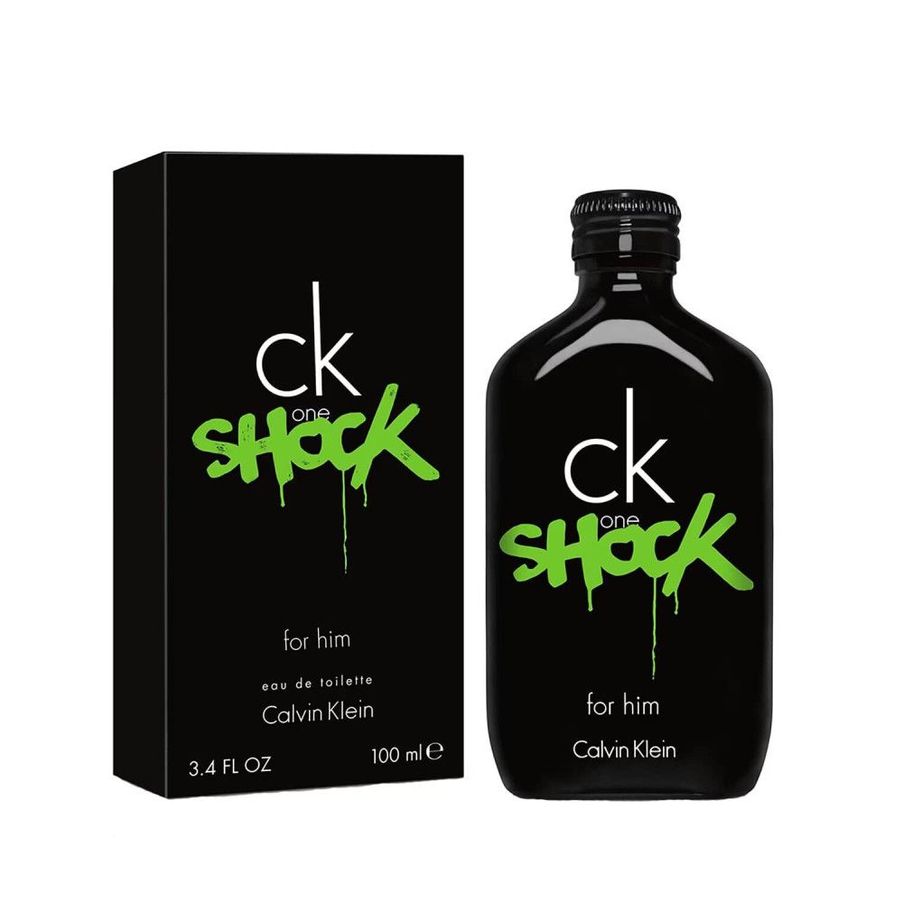 Schwarze Flasche und Verpackung. Aufschrift: ck one SHOCK for him Calvin Klein. Grüne Schrift.