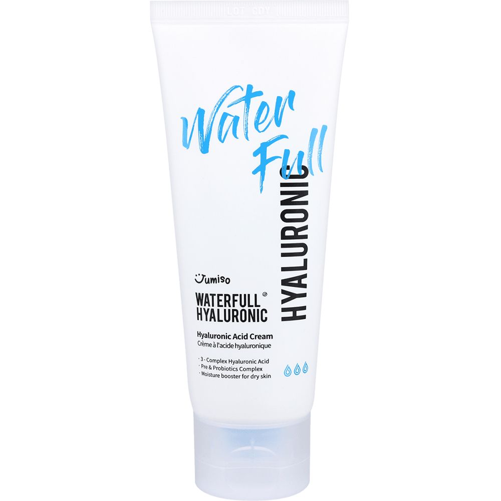 Weiße Tube mit blauem Schriftzug "Water Full Hyaluronic". Produktname und Logo sichtbar. Klare Kappe.