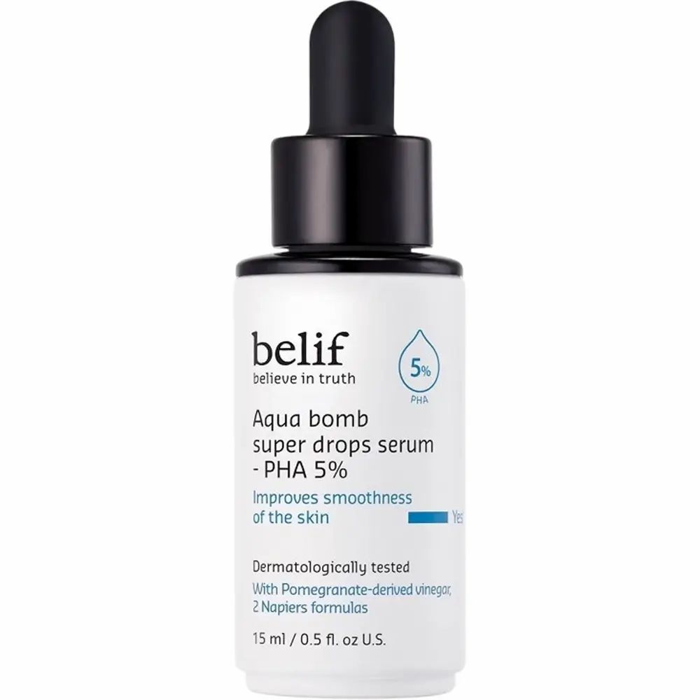 Serumflasche mit schwarzem Deckel und Pipette. Aufschrift: belif, Aqua bomb super drops serum - PHA 5%.