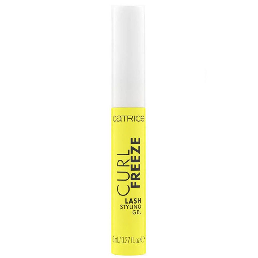 Gel-Tube mit weißem Deckel. Gelbe Tube mit schwarzem Schriftzug: CATRICE, CURL FREEZE, LASH STYLING GEL. 8 ml.
