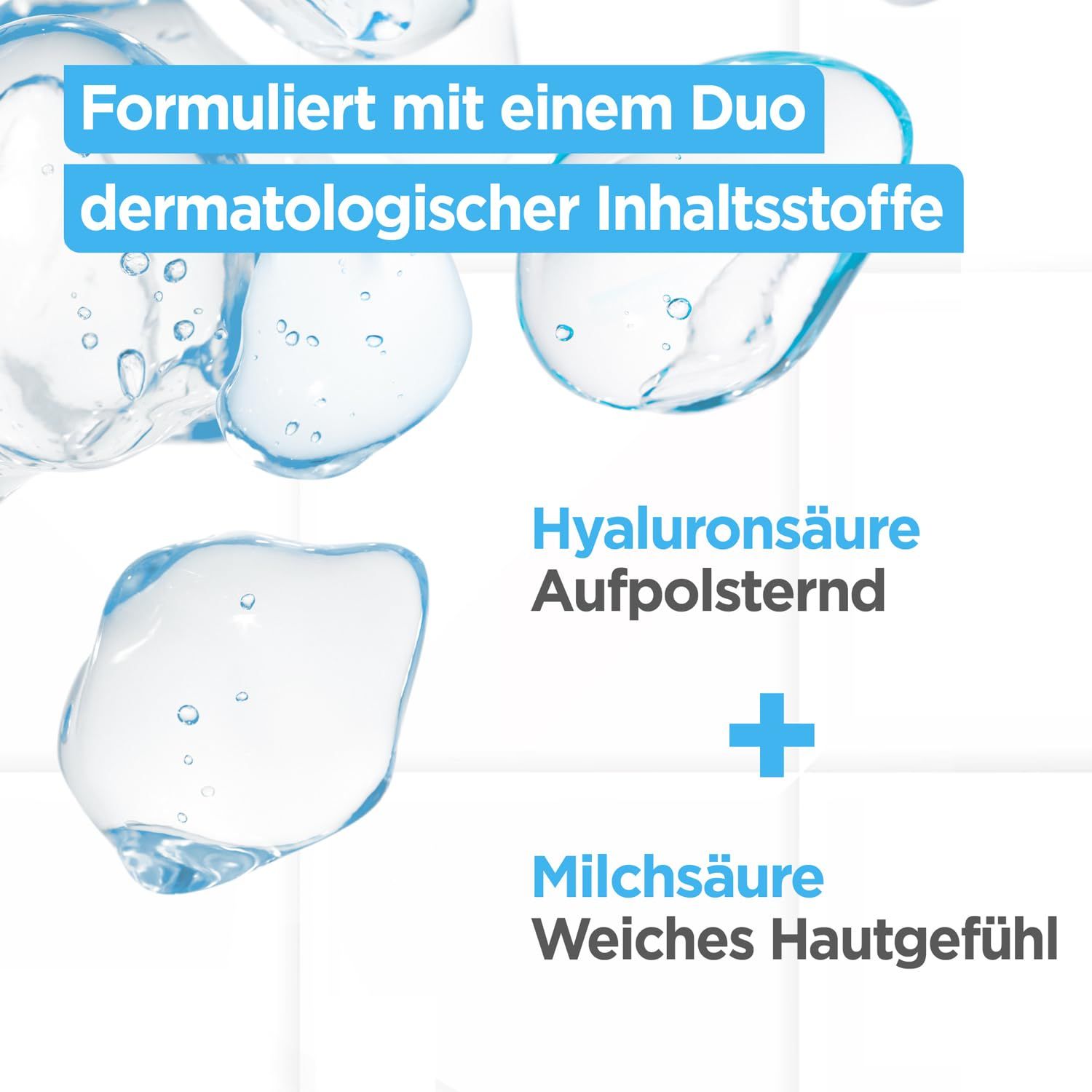 Grafik mit Wassertropfen und Text: Formuliert mit einem Duo dermatologischer Inhaltsstoffe. Hyaluronsäure, Milchsäure.