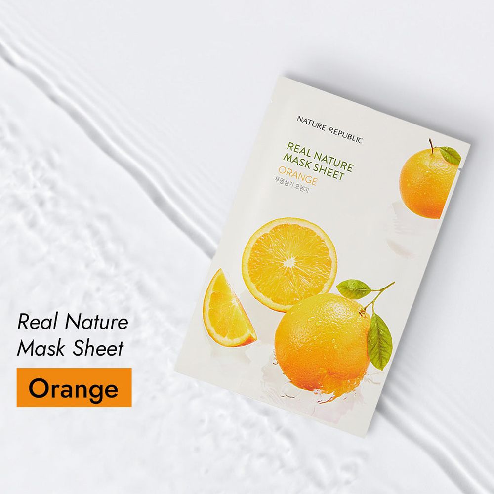 Gesichtsmaske NATURE REPUBLIC mit Orangen. Orangen, in Scheiben geschnitten und Maske.