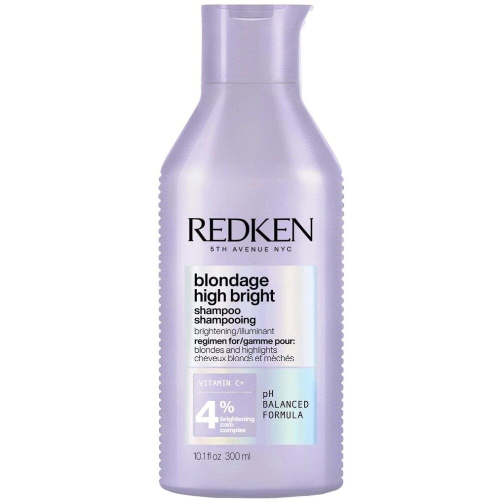 Rückseite einer lila Shampoo-Flasche. Text: Redken, Blondage High Bright Shampoo. Inhaltsstoffe und Anweisungen.