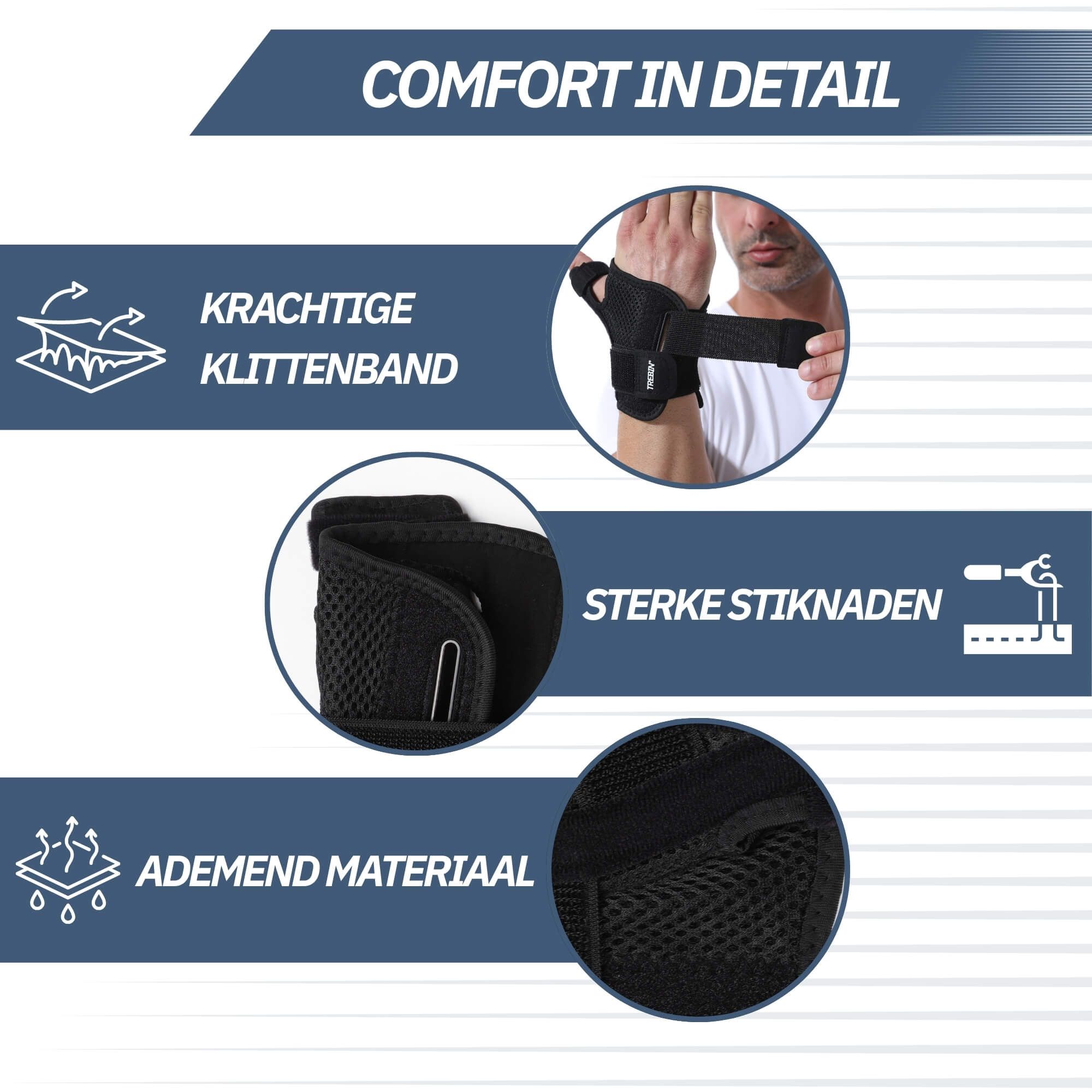 Details einer schwarzen Handgelenkbandage: Klettband, Nähte, atmungsaktives Material.