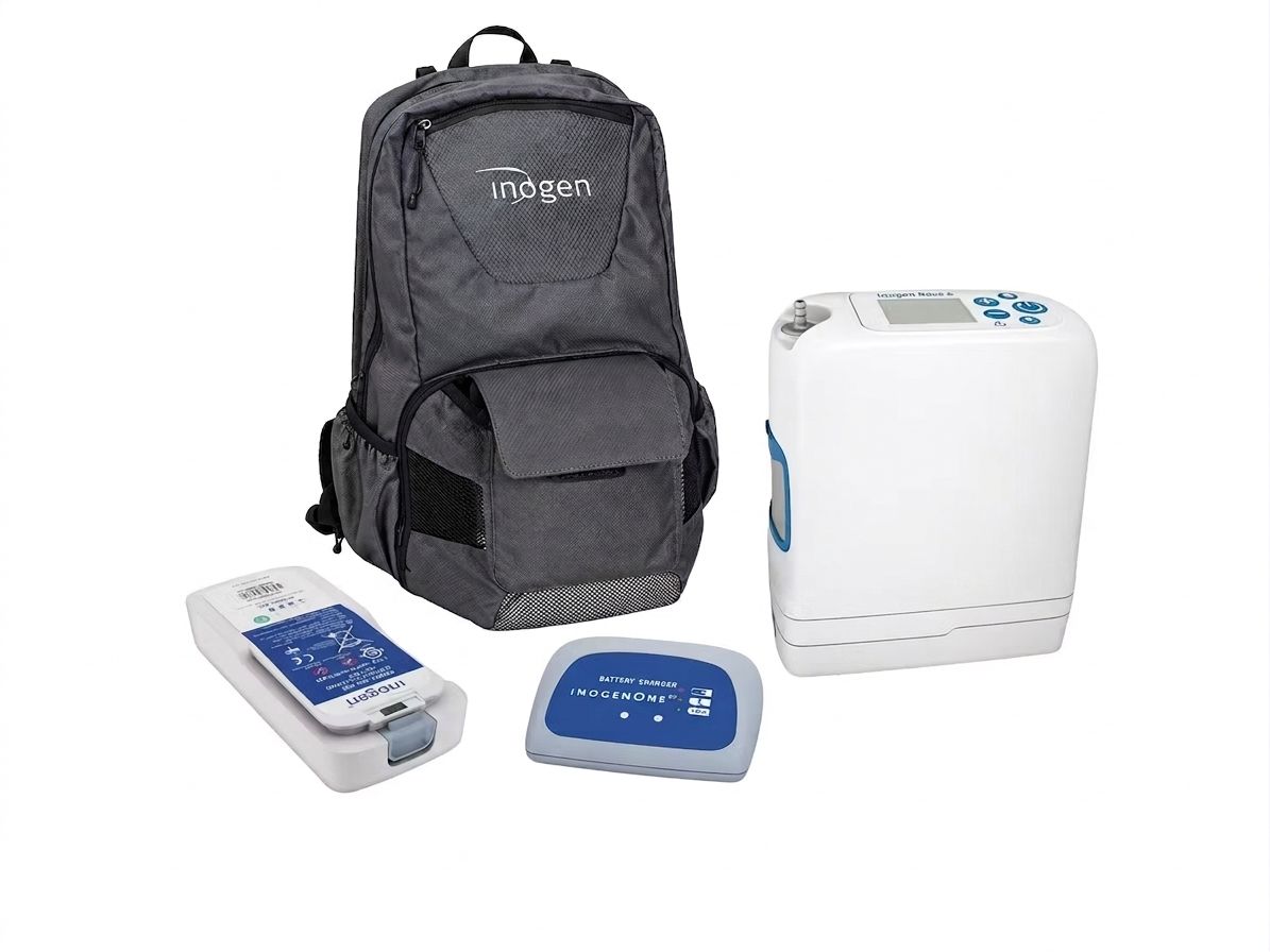 Inogen Rove 6 Set: Konzentrator, 16-Zellen-Akku, Ladegerät, Rucksack.