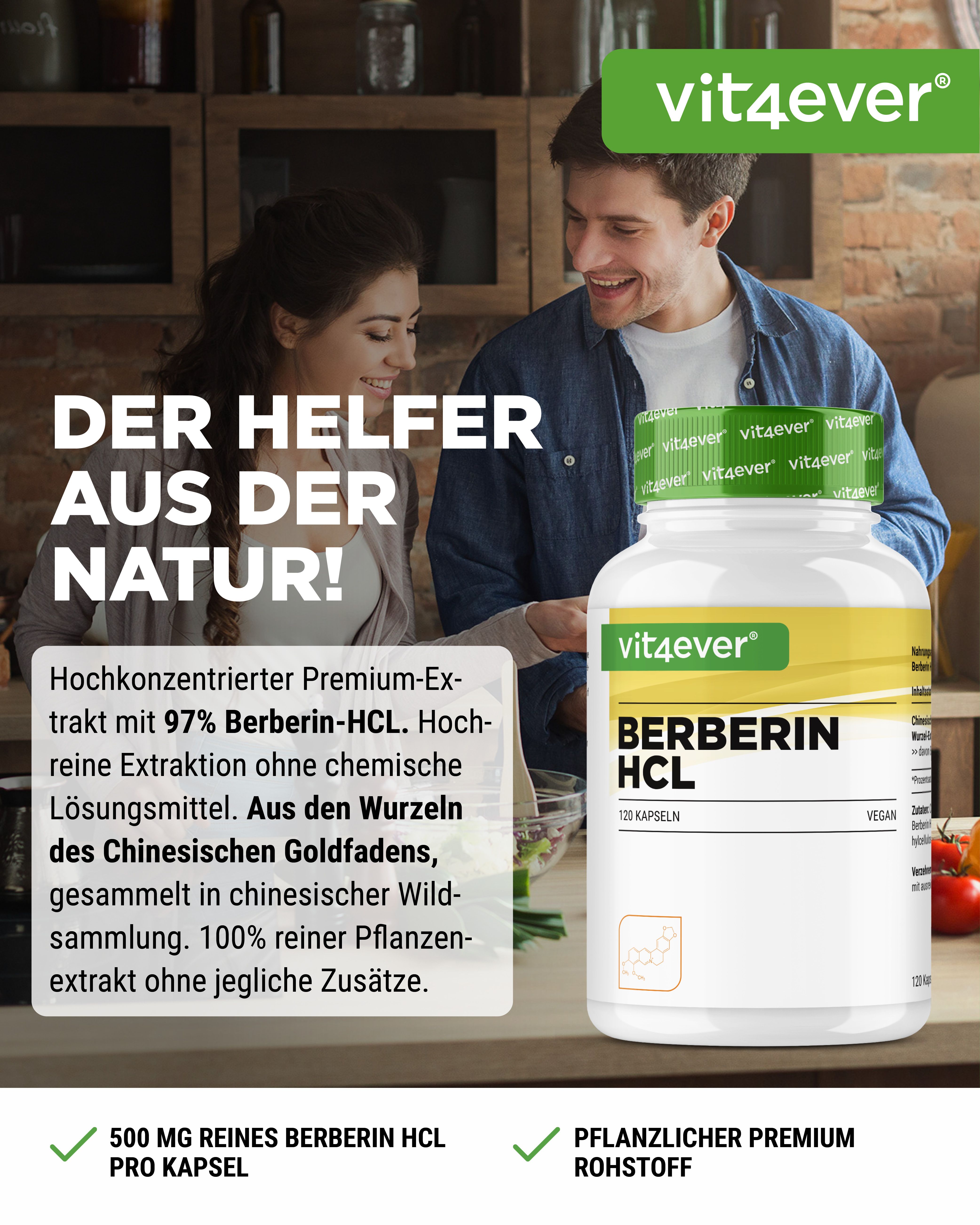 Produktflasche neben Paar. Aufschrift: vit4ever Berberin HCL, 120 Kapseln. Text: Der Helfer aus der Natur! 500 mg reines Berberin HCL.