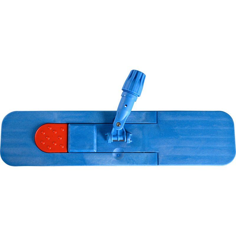 Blauer Klapphalter mit rotem Element und blauem Griff. Rechteckige Form. Gelenk zur Einstellung des Winkels.