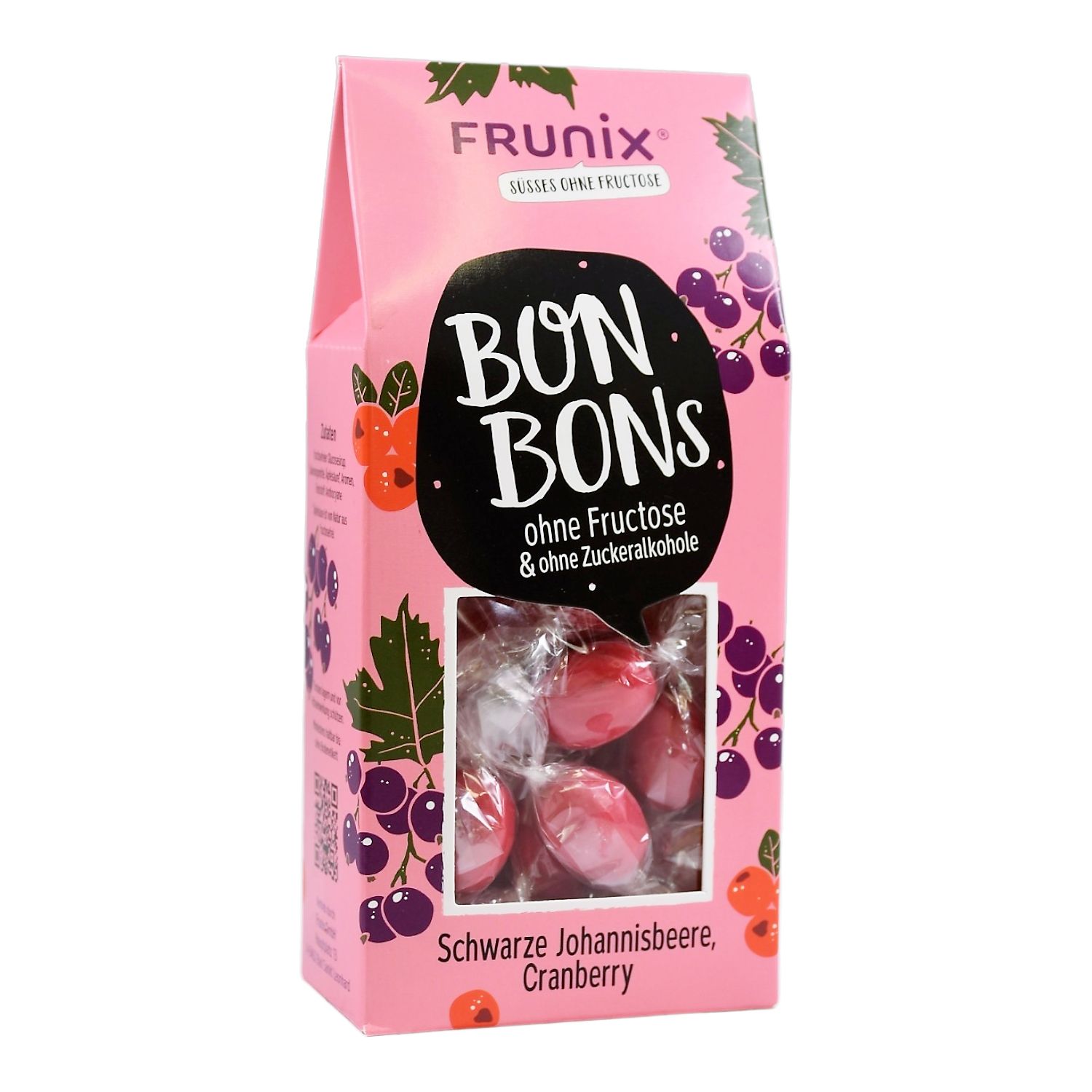 Rosa Verpackung mit Bonbons. Text: FRUNIX, BON BONS, ohne Fructose & ohne Zuckeralkohole. Geschmack: Schwarze Johannisbeere, Cranberry.