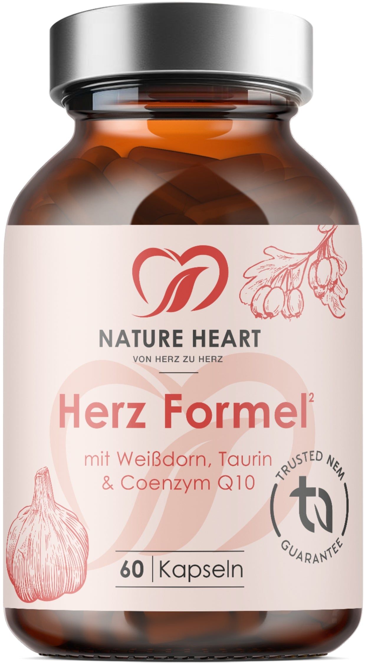 Braunglasflasche mit 60 Kapseln Herz Formel von Nature Heart, mit Weißdorn, Taurin & Coenzym Q10.