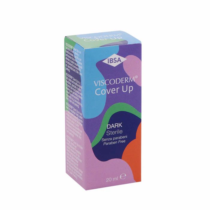 Viscoderm Cover Up Dark-Verpackung. Farbige Schachtel mit Produktnamen und Logo. Text: Dark Sterile, senza parabeni, 20 ml.