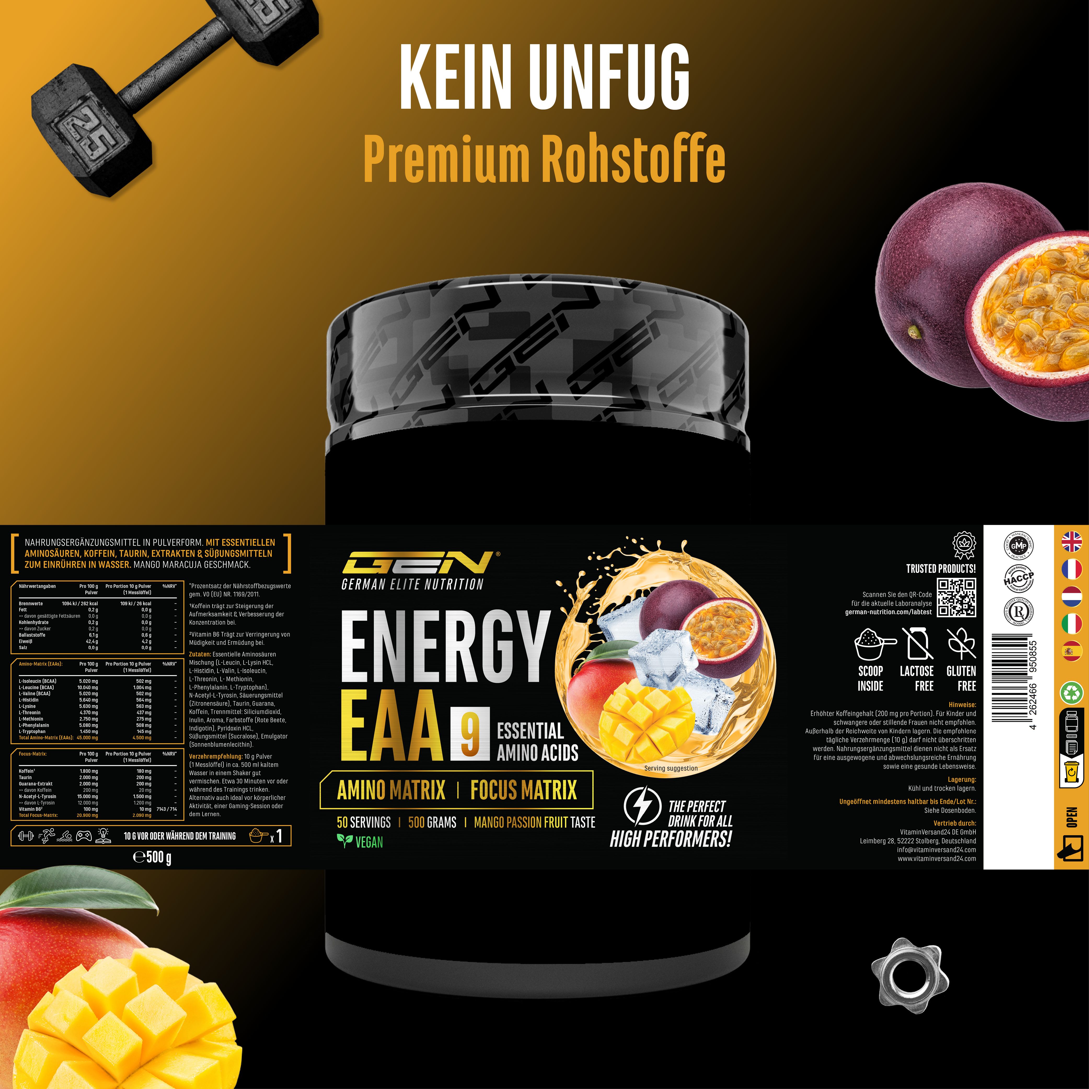 Produktabbildung von Energy EAA. Schwarze Dose mit Etikett. Enthält Informationen über Inhaltsstoffe und Geschmacksrichtung.