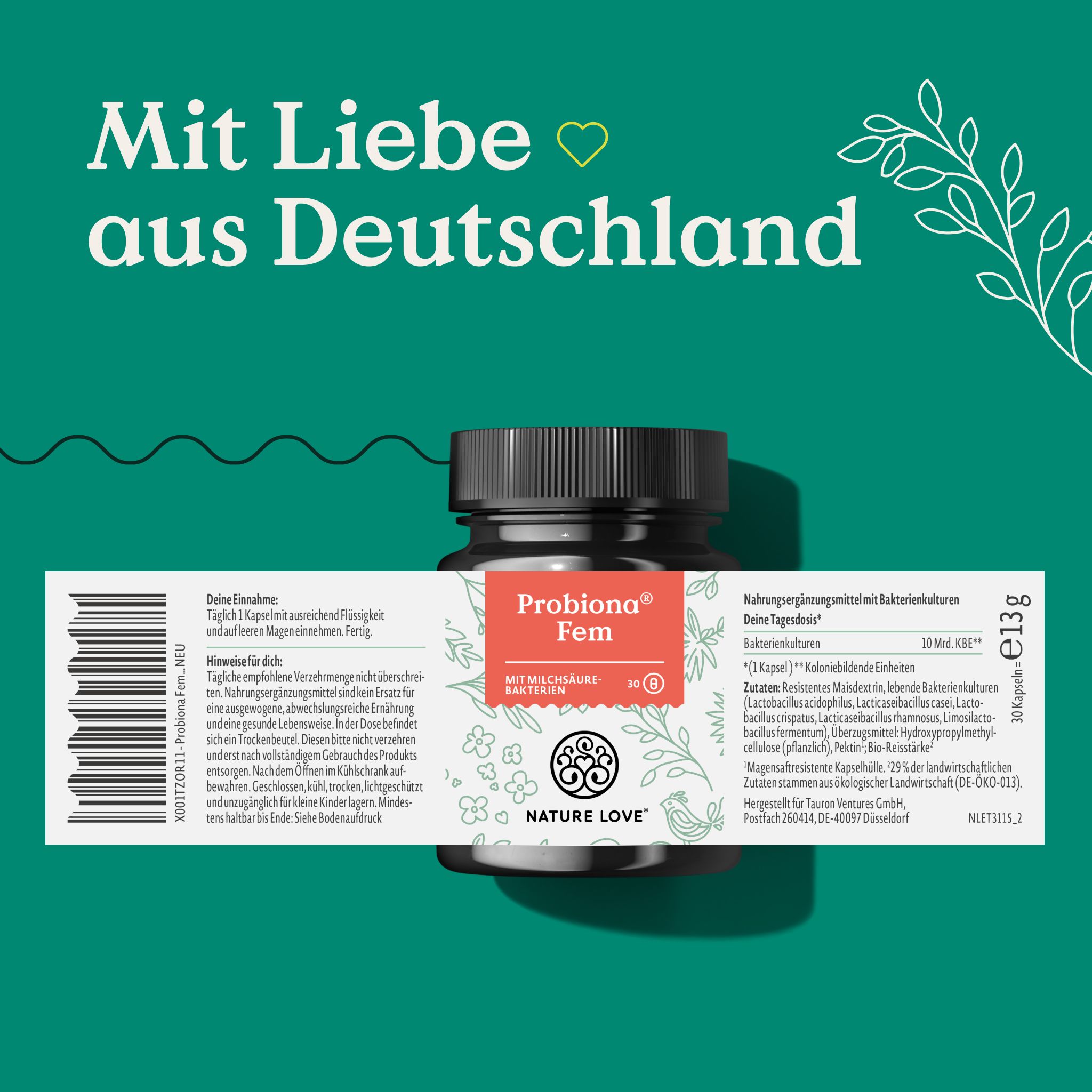 Produktflasche mit Etikett. Aufschrift: Probiona Fem, mit Milchsäurebakterien. Logo Nature Love. Text: Mit Liebe aus Deutschland.