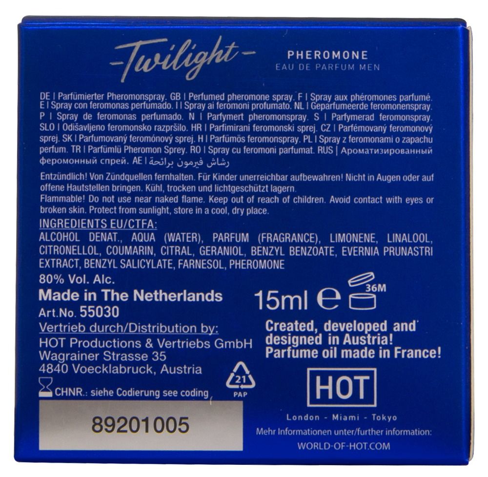Blaue Verpackung. Text: Twilight Pheromone Eau de Parfum Men. 15ml. Zutatenliste, Warnhinweise. Hergestellt in NL.