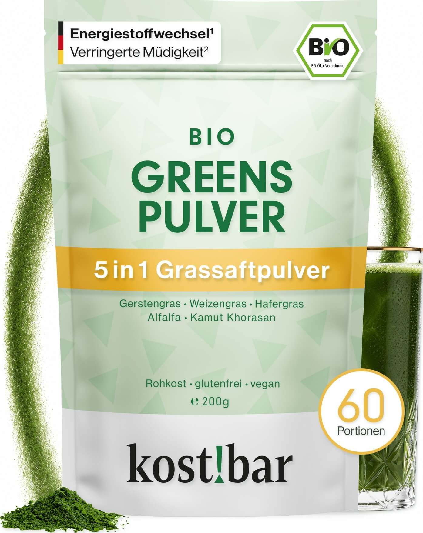 Grüner BIO Greens Pulver Beutel mit Glas und Pulver. 5in1 Grassaftpulver, 200g, 60 Portionen.