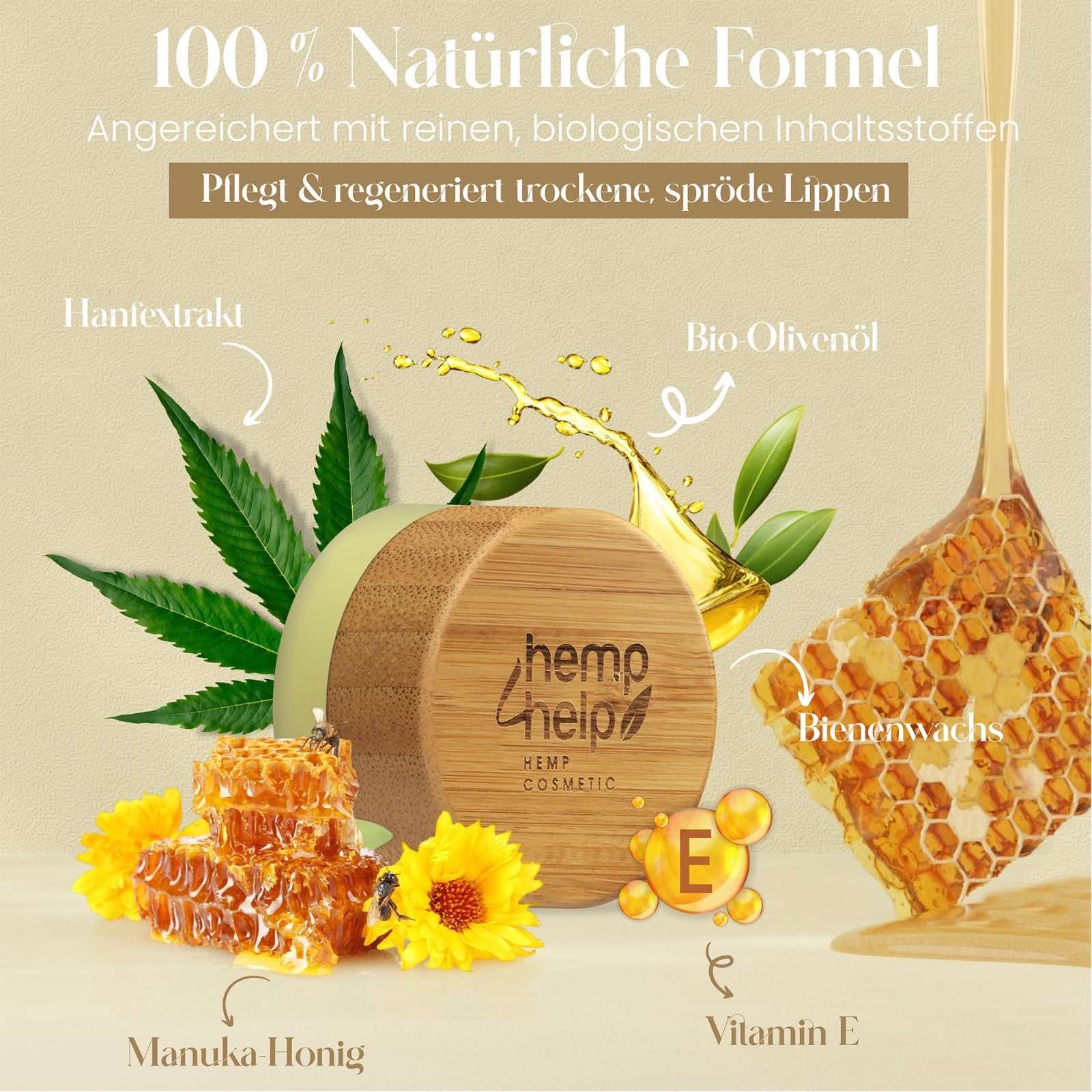 Lippenbalsam-Tiegel mit Holzdeckel. Honigwabe, Hanfblatt, Sonnenblume. Text: 100% natürliche Formel, Manuka Honig, Vitamin E.