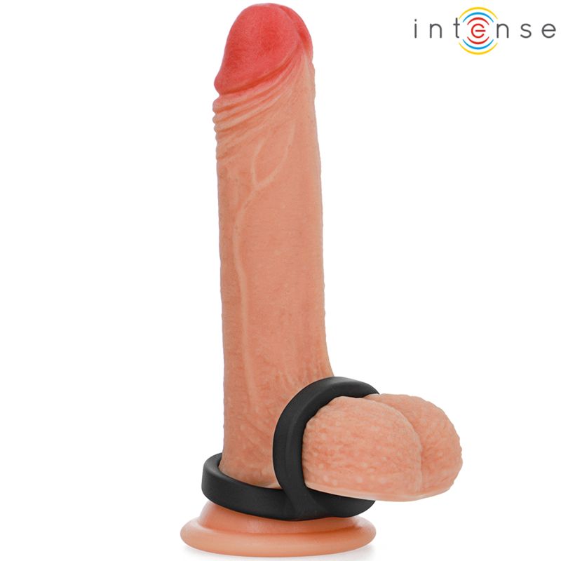 Penis-Dildo mit roter Spitze und schwarzem Ring. Marke: Intense.