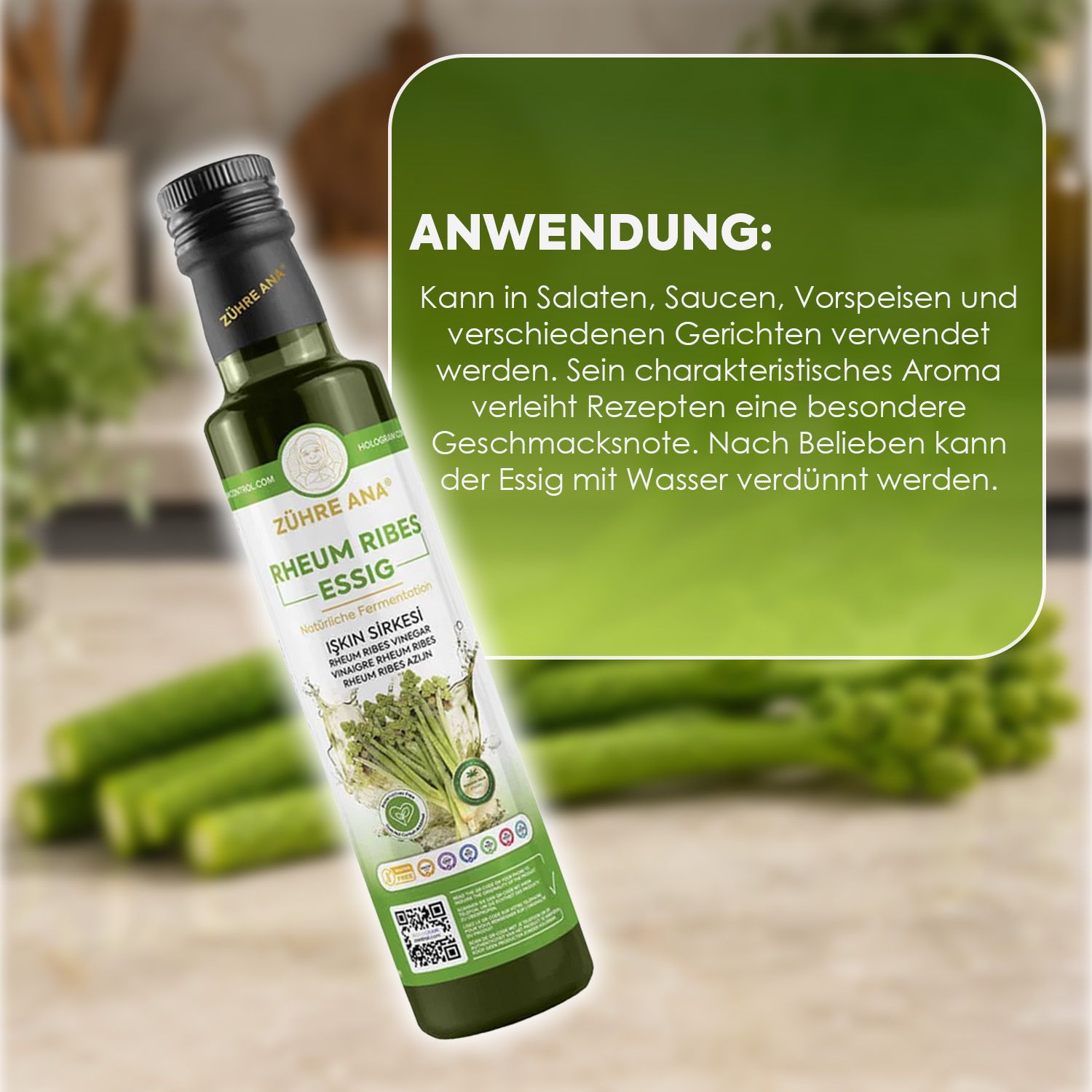 Flasche Zühre Ana RHEUM RIBES ESSIG mit Etikett, das Rhabarber und Kräuter zeigt.