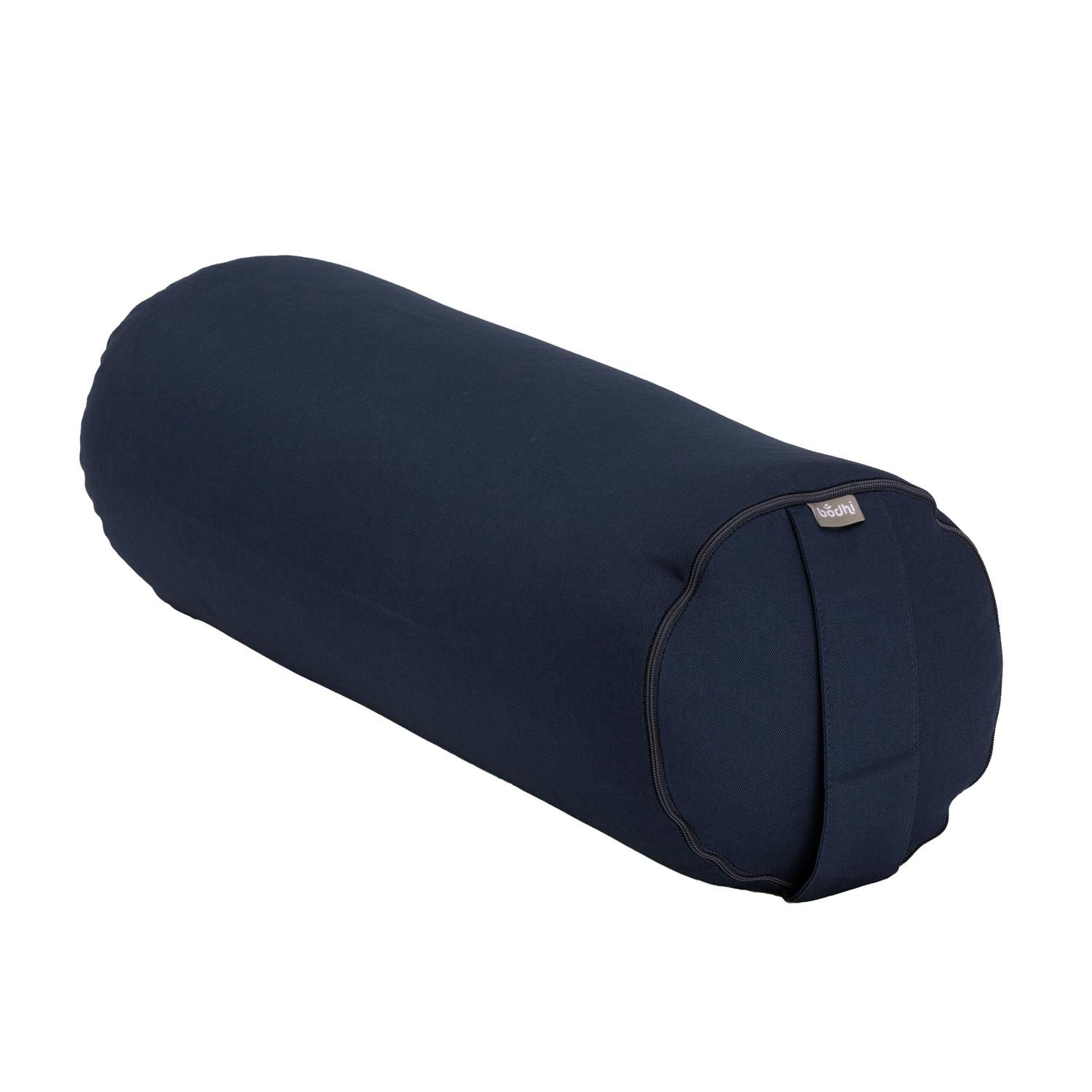 Blaues Yogabolster mit Logo-Label. Zylindrische Form. Dunkelgraue Naht.