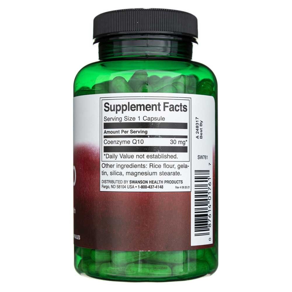 Rückseite einer grünen Flasche mit Swanson CoQ10, Supplement Facts, 240 Kapseln.