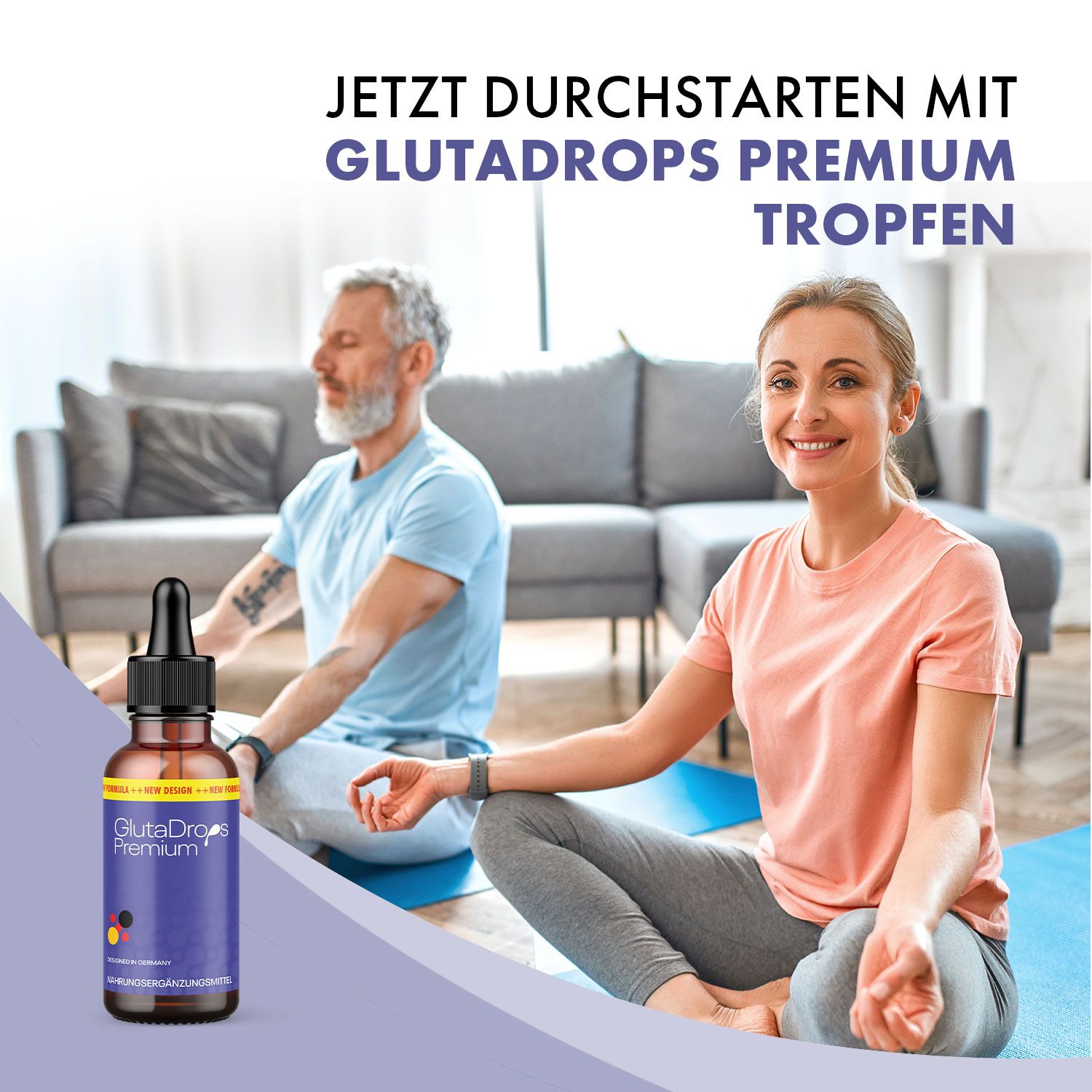 Frau und Mann sitzen auf Yogamatten. Vor ihnen steht eine Flasche GlutaDrops Premium mit Pipette.